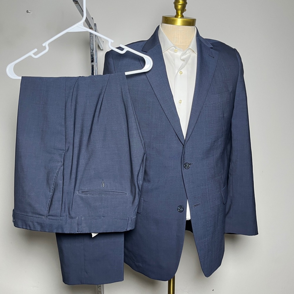 S. Cohen Suit Mens 42L W33 Navy Blue Solid Wool 2-Button Notch Lapel Positano